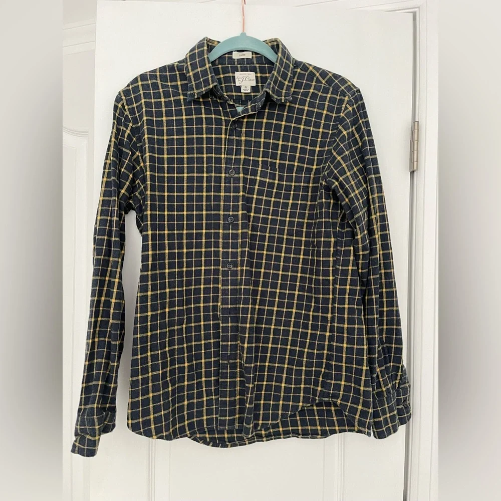 J.Crew Slim Fit Brushed Twill Flannel Shirt Plaid Navy Yellow Men’s Medium